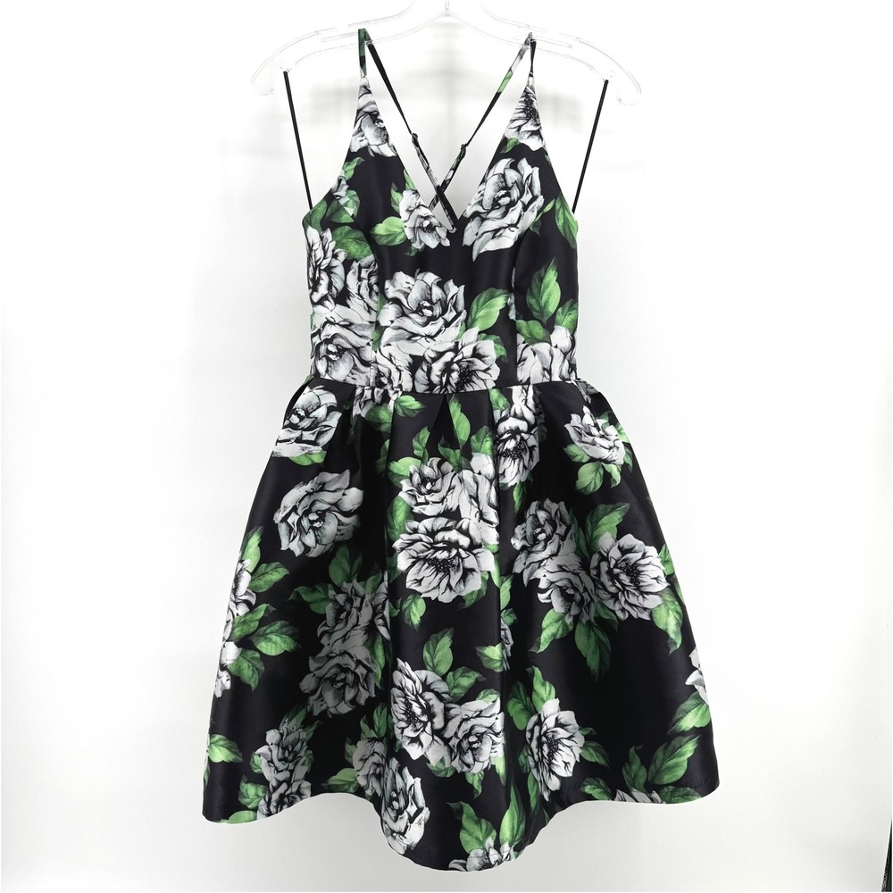 Ina Autumn Wedding Homecoming Mini Dress Womens Small Black White Green Floral